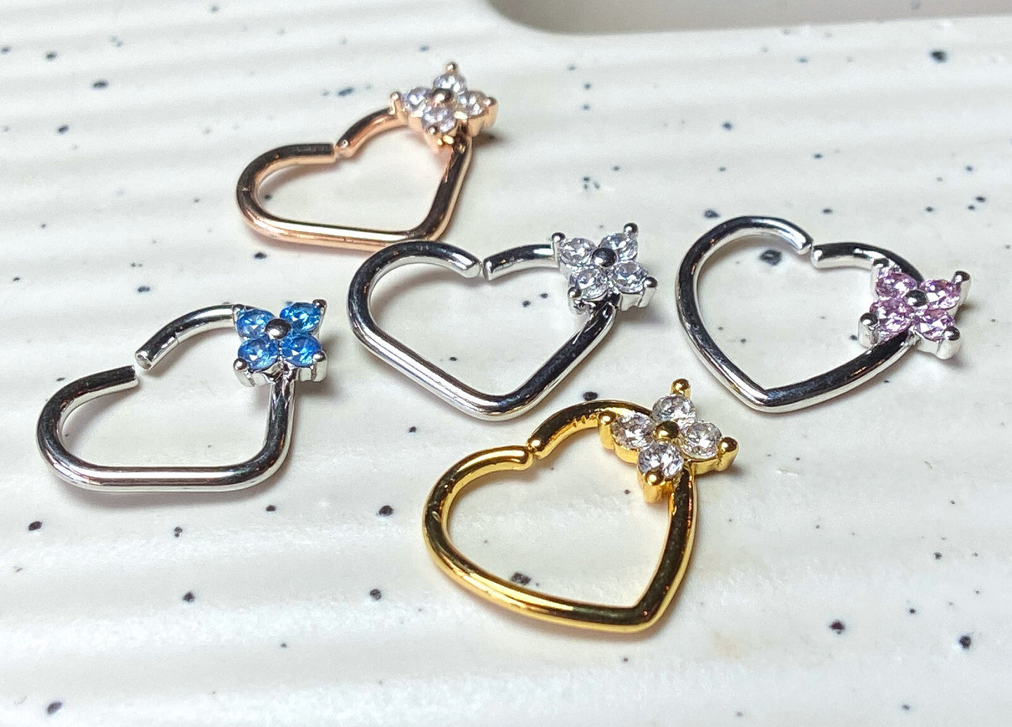 1pc Four CZ Gem Flower Bendable Heart Ear Cartilage Daith Hoop Ring