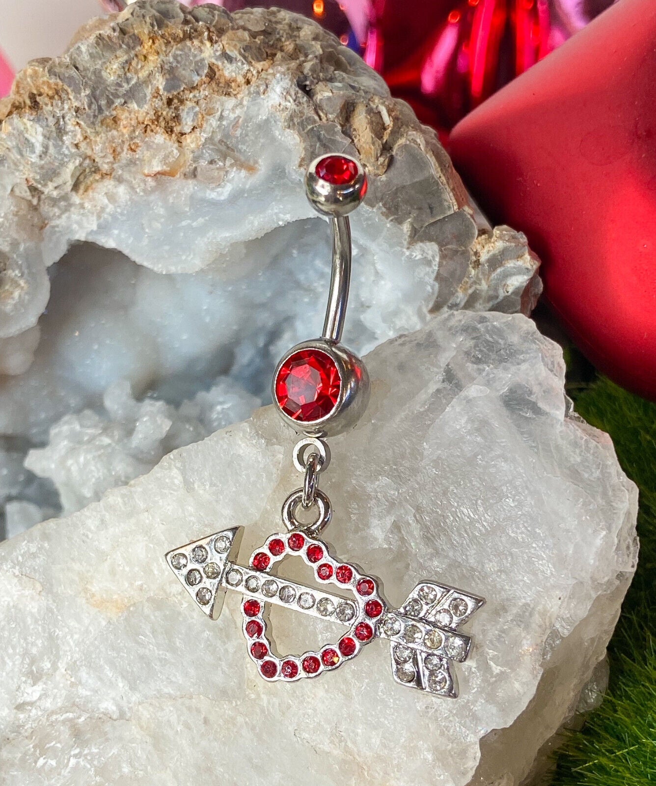 1pc Cupids Arrow Gemmed Heart Dangle Belly Ring Navel Piercing Naval Jewelry