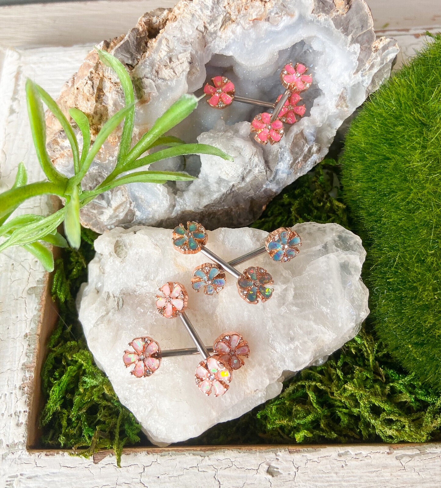 PAIR Opal Glitter Flower Petals Nipple Rings Rose Gold Shields Barbells