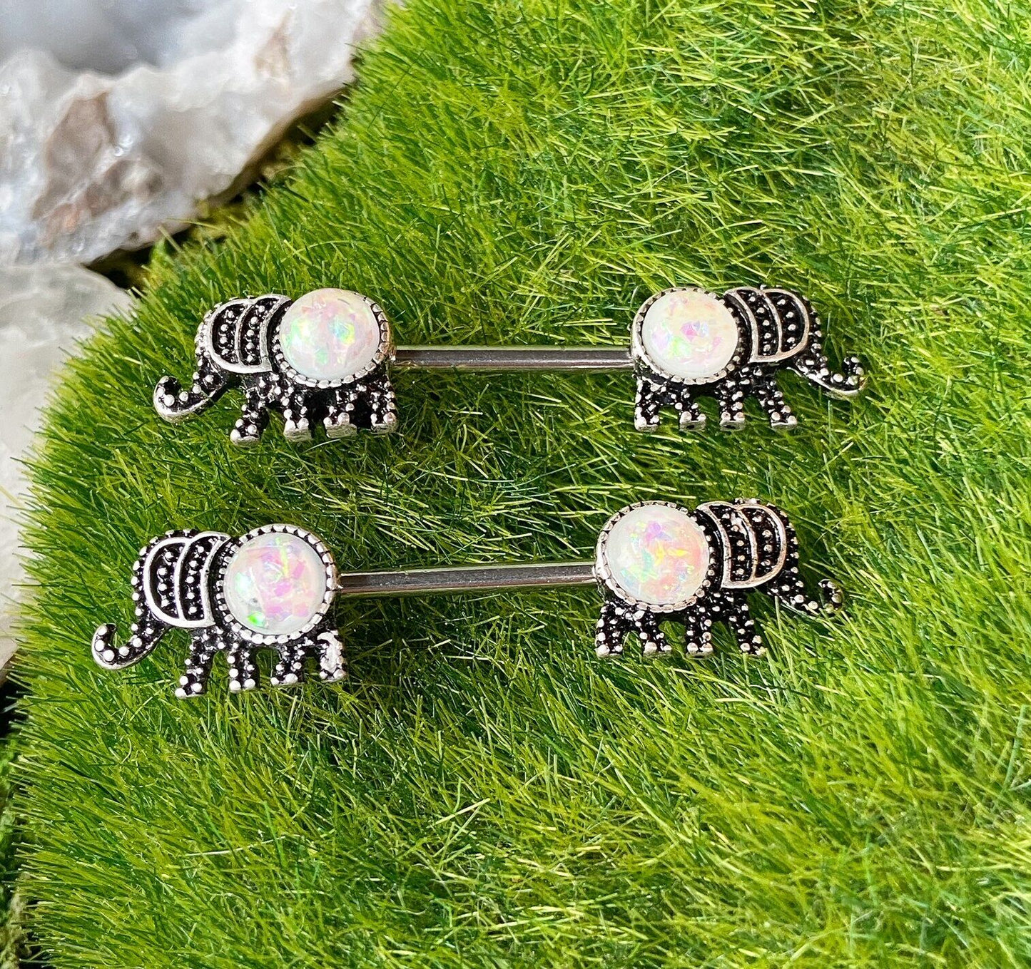 PAIR Opal Glitter Elephant Nipple Rings Shield Barbells 14g 14 gauge