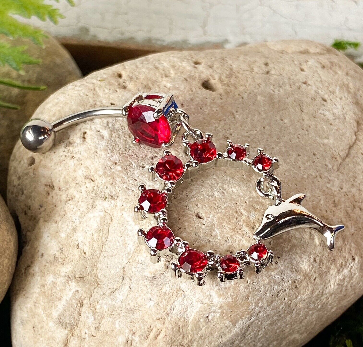 Dolphin Dangle Semi Circle CZ Gem Belly Ring Navel Naval Semi-Circle