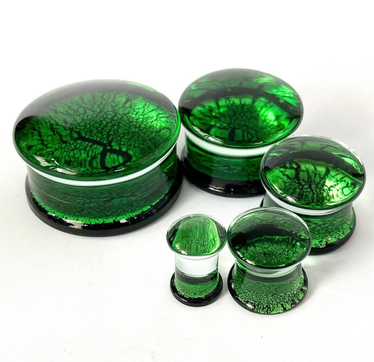 PAIR Green & Black Fracture Design Glass Plugs Double Flare Gauge Body Jewelry