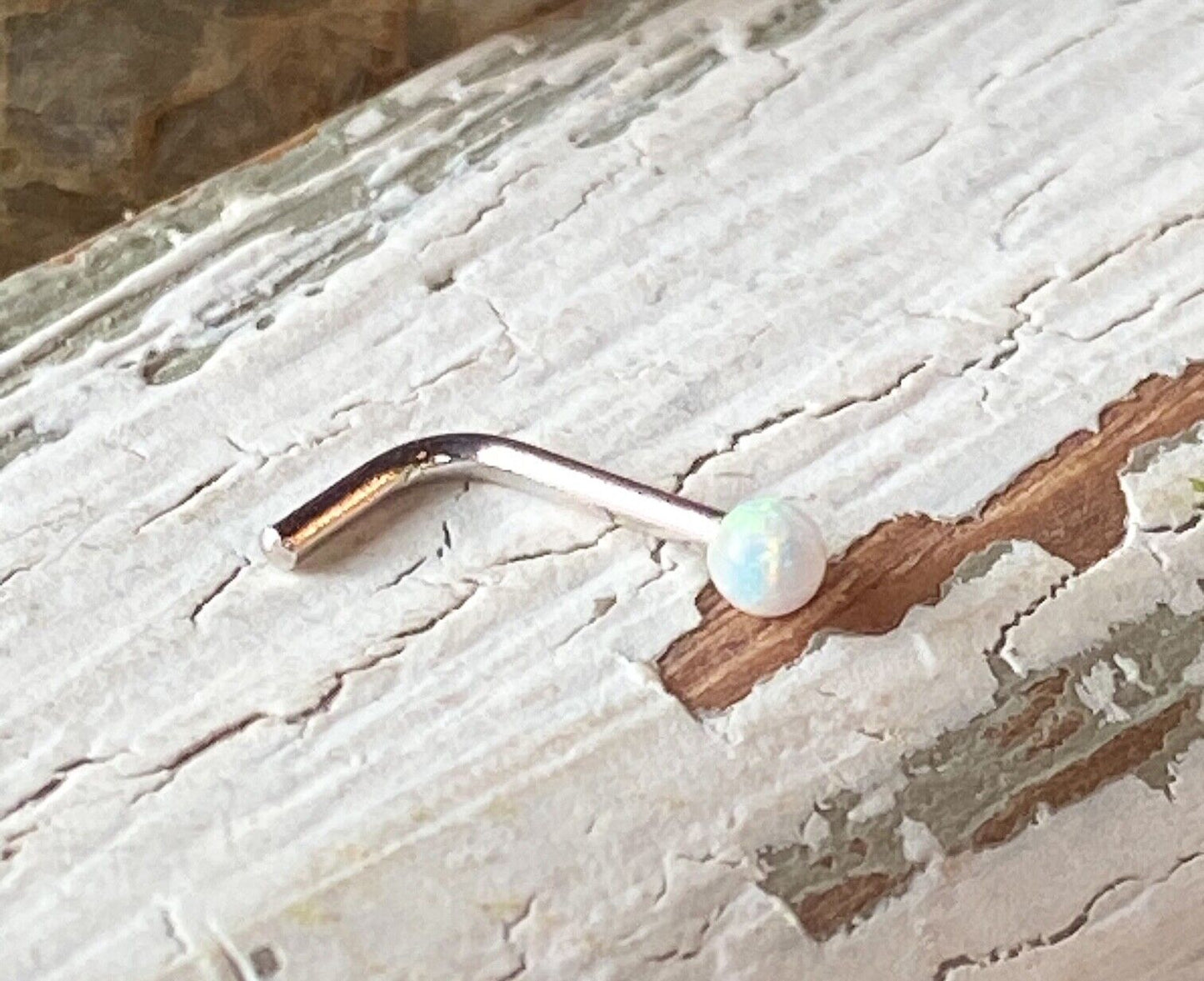 1pc 14kt White Gold 20g Opal Ball L-Bend Nose Ring Nostril Piercing Stud Screw