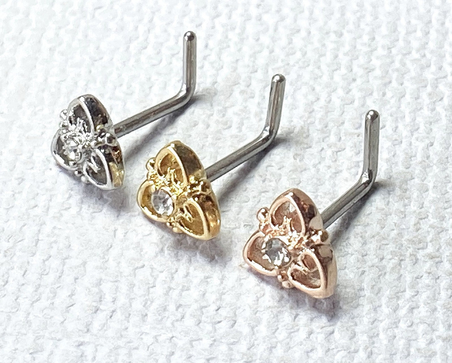 1pc Heart Filigree Gem L-Bend Nose Ring Stud Screw 316L Surgical Steel