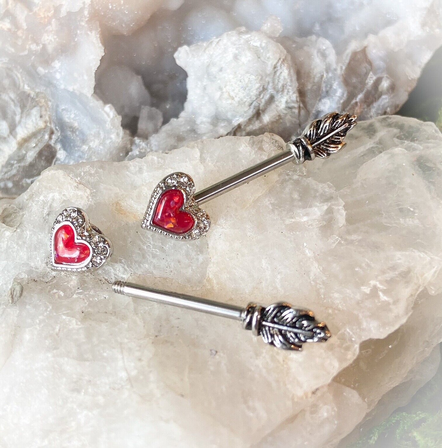 PAIR Opal Glitter Heart Arrow Nipple Rings Shield Barbells 14g 14 gauge