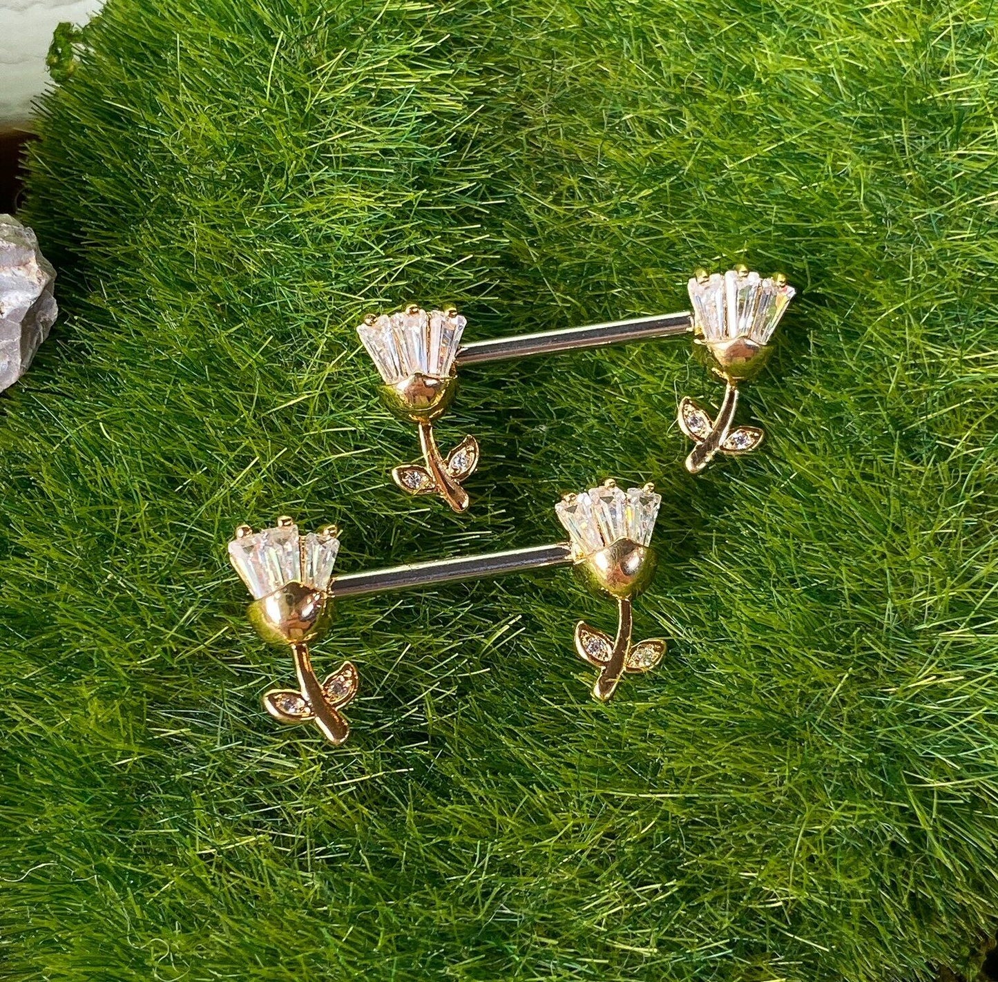 PAIR Princess Cut CZ Gem Tulip Flower Nipple Rings Pierced Body Piercing Jewelry