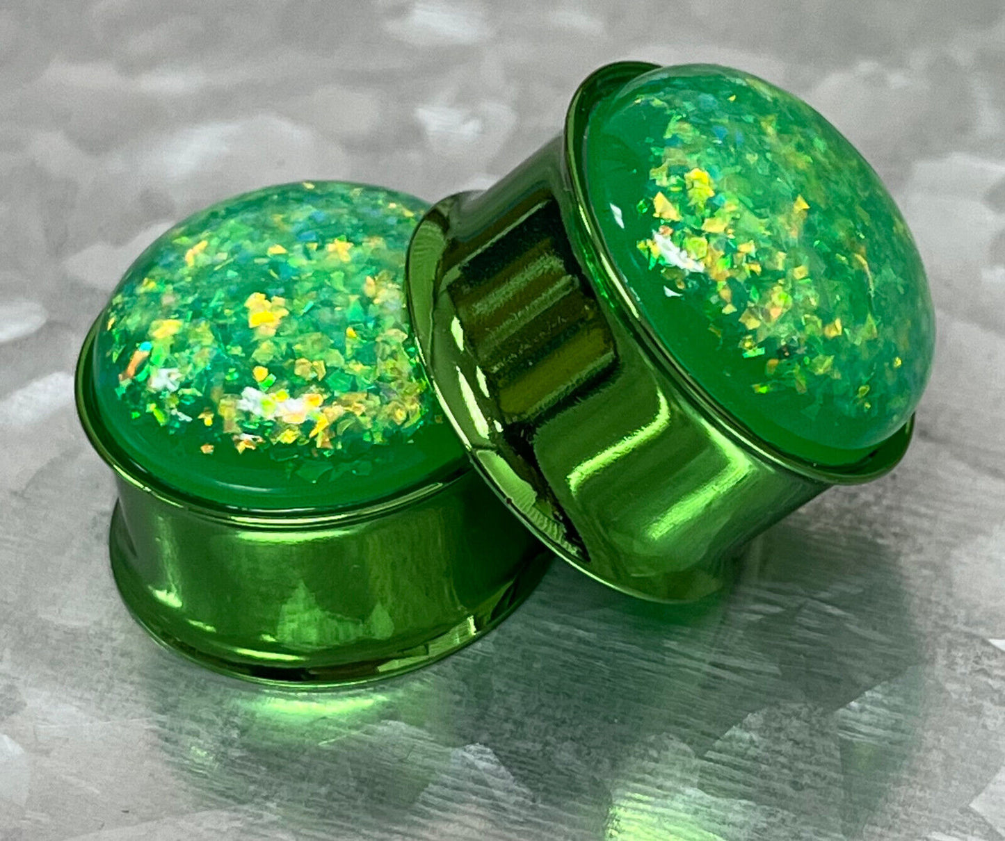 PAIR Green Synthetic Opal Titanium Tunnels Double Flare Plugs Earlets Gauges