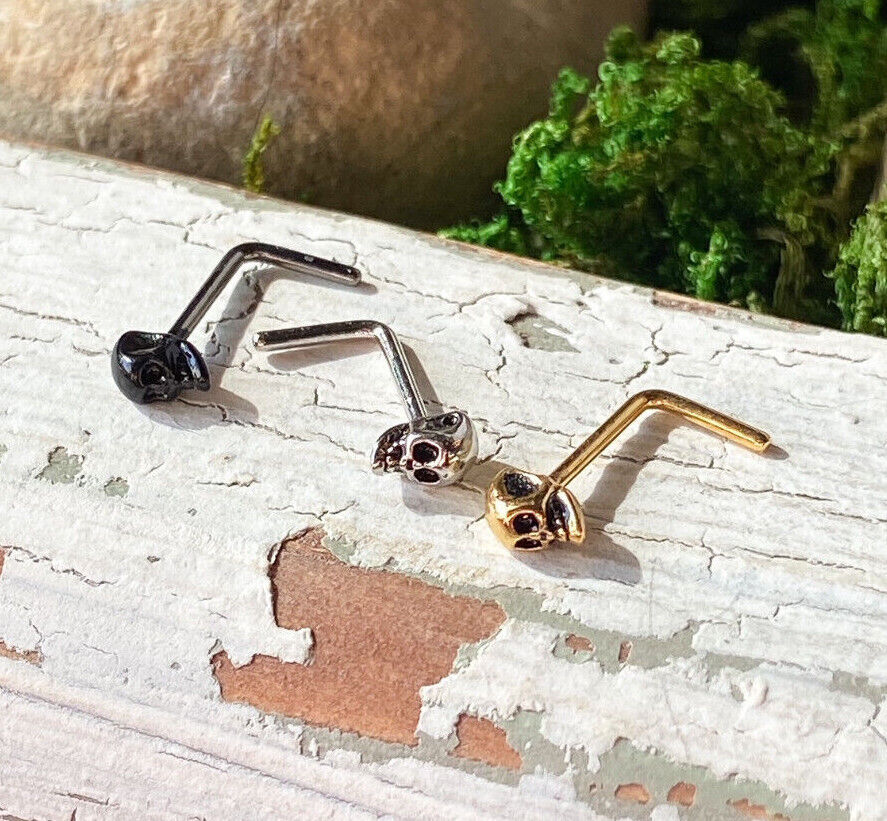1pc Skull L-Bend Nose Ring 20g Steel L-Shape Nostril Screw Stud Body Jewelry