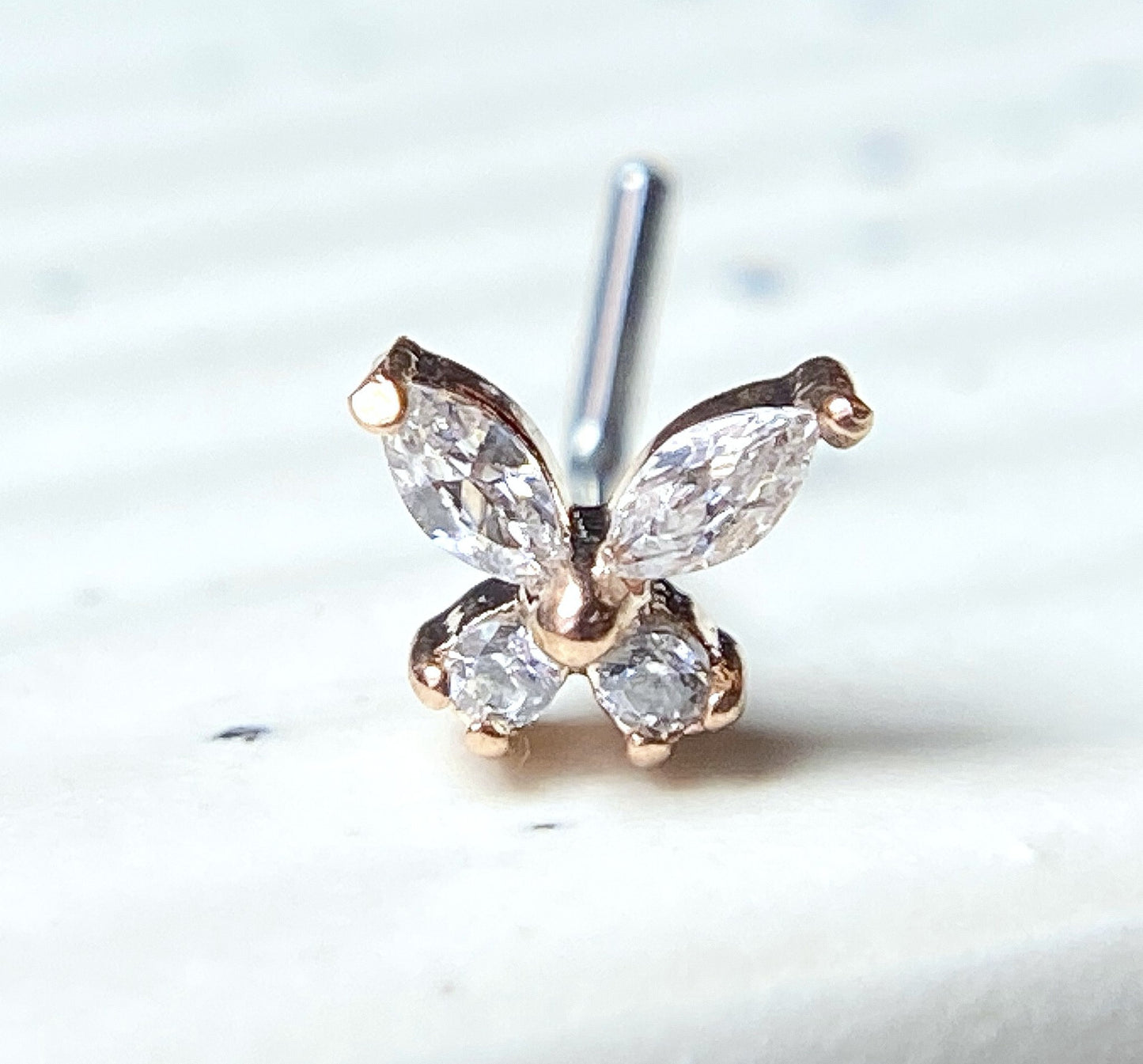 1pc CZ Gem Butterfly L-Bend 20g Nose Ring Stud Screw 316L Surgical Steel