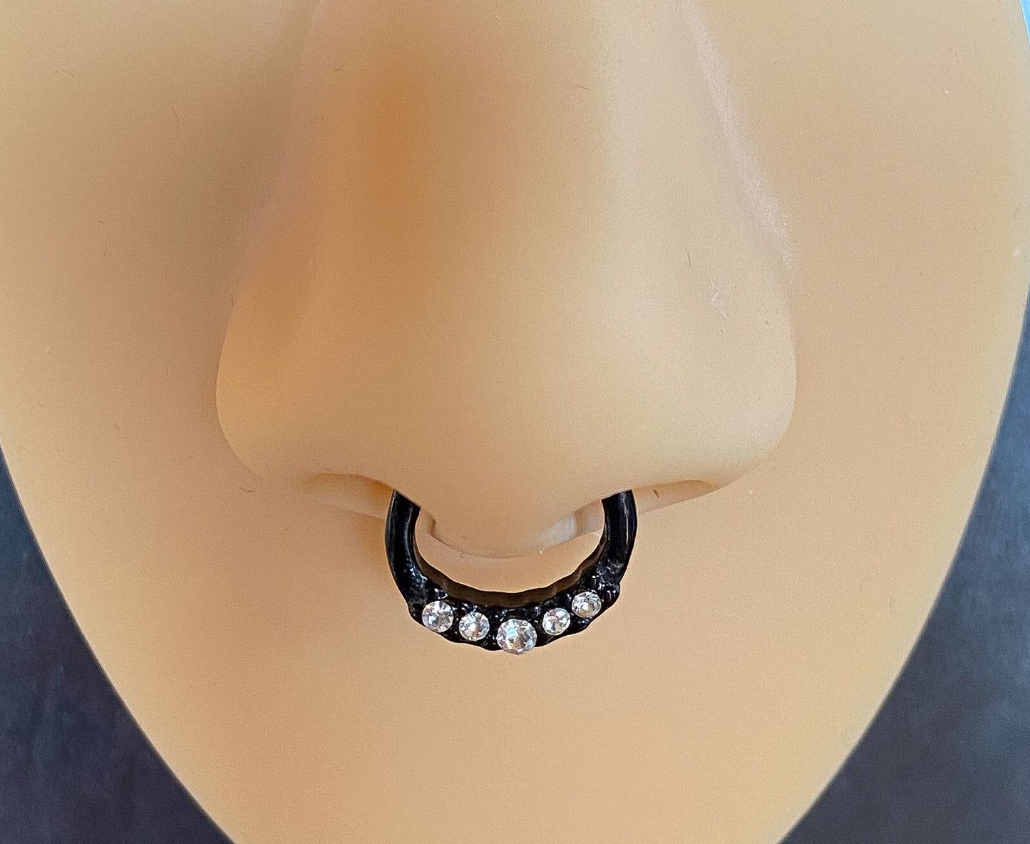 1pc 100% SURGICAL STEEL Five-Crystal Gem Septum Clicker 16g Nose Ring Gold IP