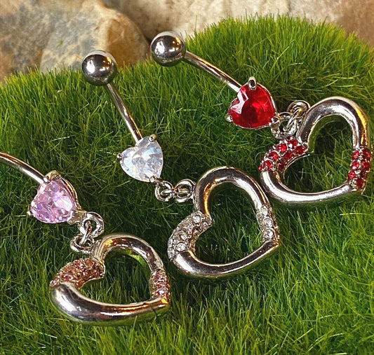 1pc Heart Paved Belly Ring w/ Prong Set Heart Gem Navel Piercing Pierced Naval