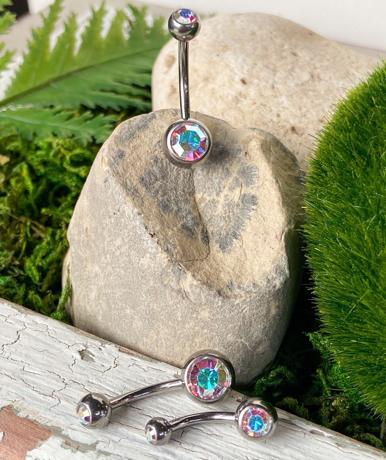 Solid Titanium Double CZ Gem Ball Belly Ring Pierced Navel Naval