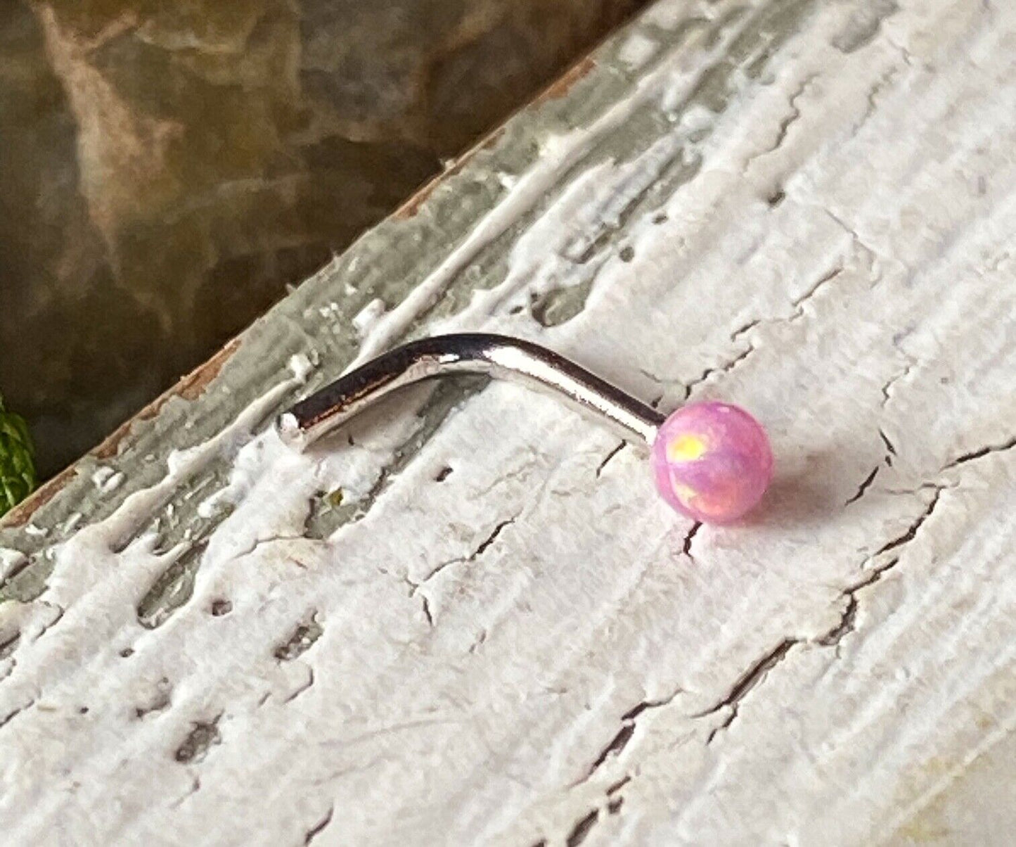 1pc 14kt White Gold 20g Opal Ball L-Bend Nose Ring Nostril Piercing Stud Screw