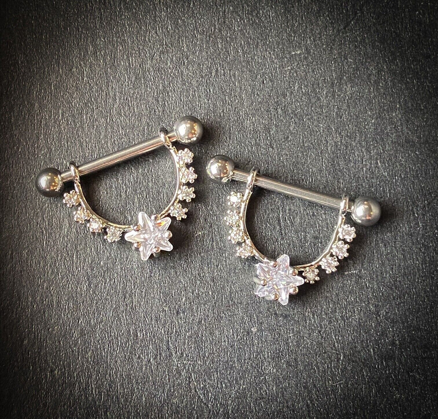 PAIR CZ Gem Star Center Dangle Nipple Ring Shields Pierced Body Piercing Jewelry