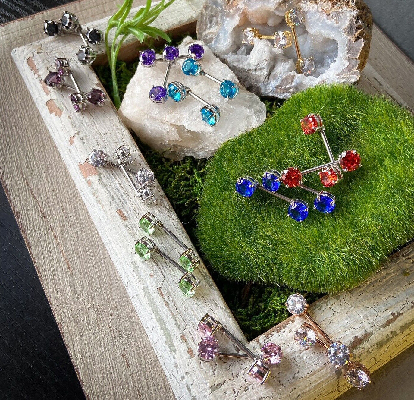 PAIR Double Round Gem 9/16" (14mm) Nipple Rings Barbells 14g 14 gauge