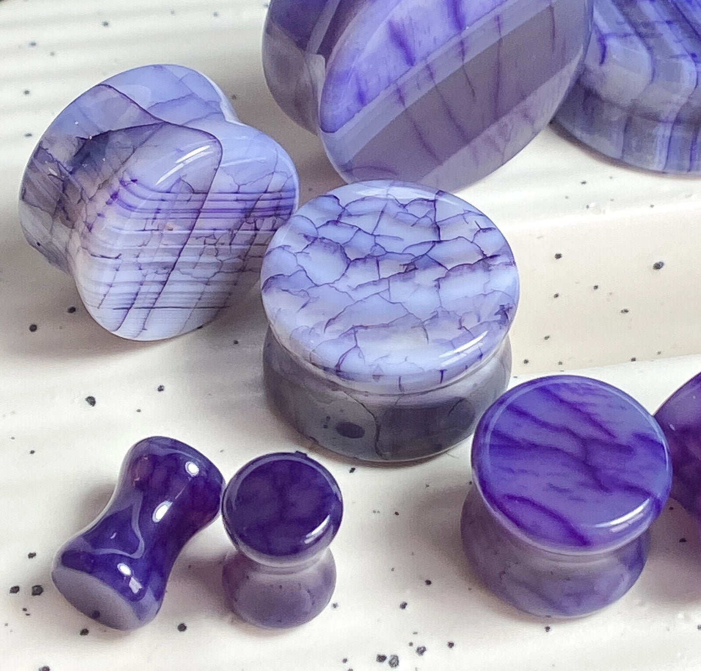 PAIR Purple Dragons Vein Agate Stone Double Flare Plugs Organic Earlets Gauges