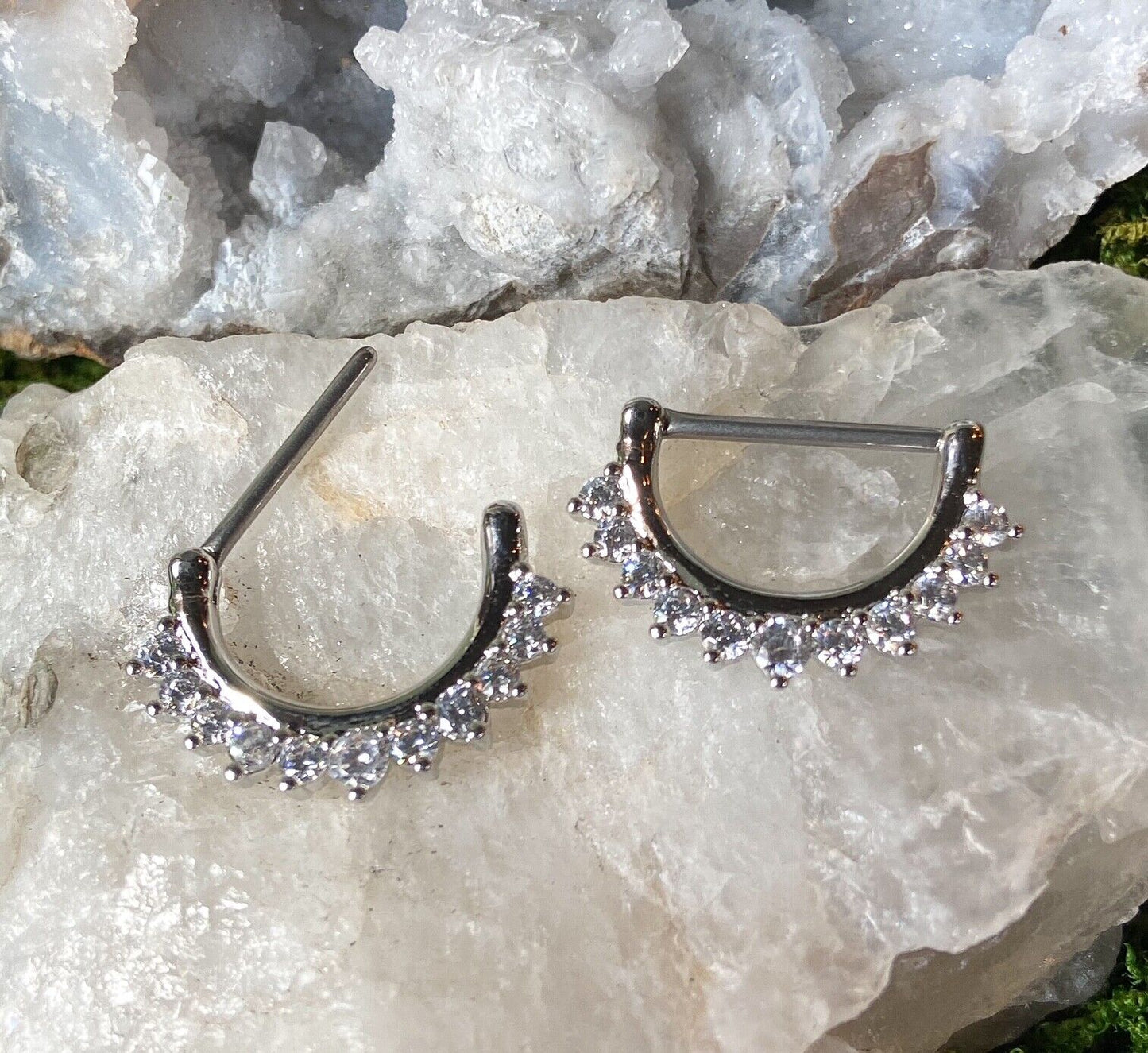 PAIR Lined CZ Gem Set Nipple Clicker Shields Rings Pierced Body Piercing Jewelry