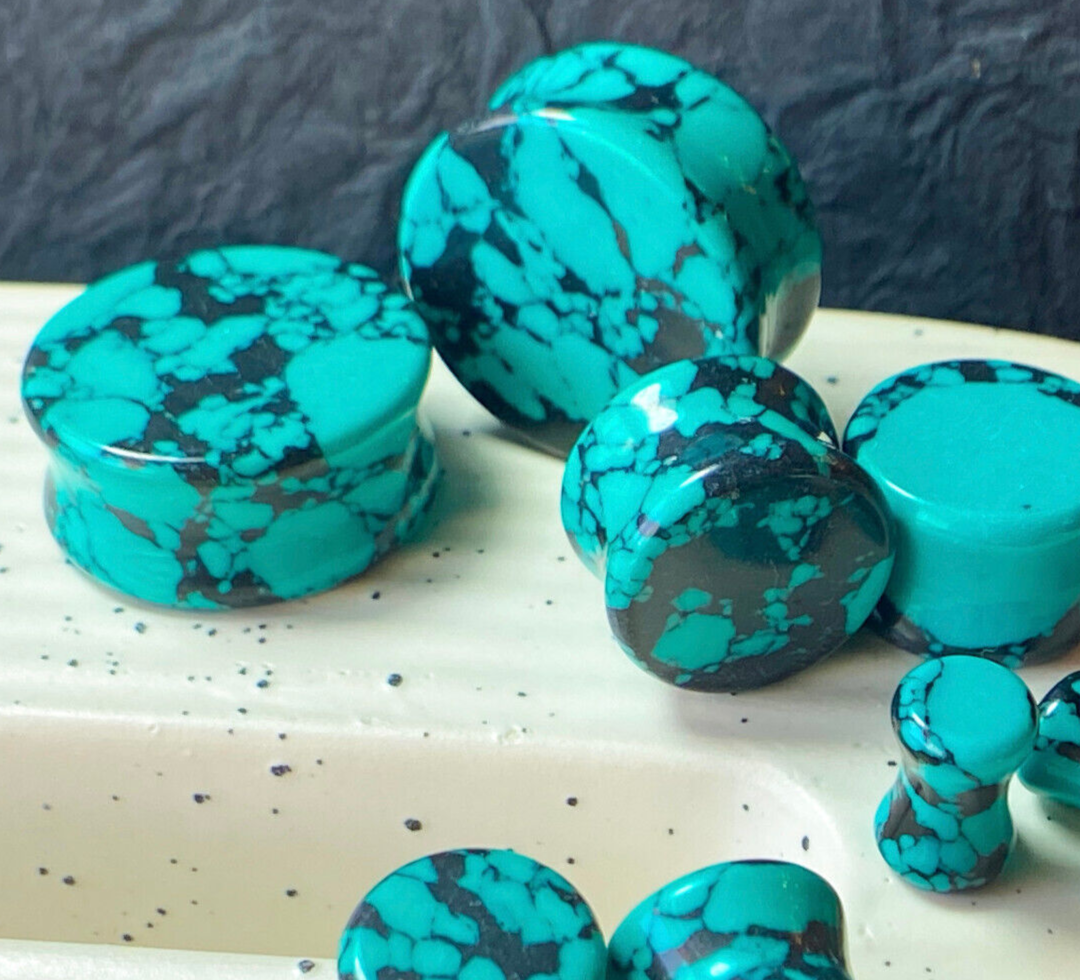 PAIR Black & Teal Synthetic Turquoise Stone Plugs Earlets Tunnels Gauges Jewelry