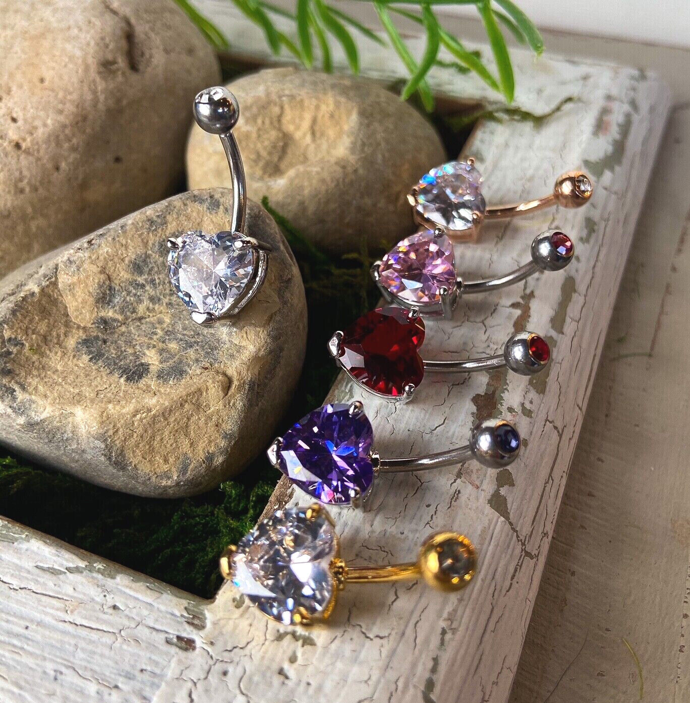 1pc Double Gemmed Heart CZ Gem Prong Set Solitaire Belly Ring Navel Naval