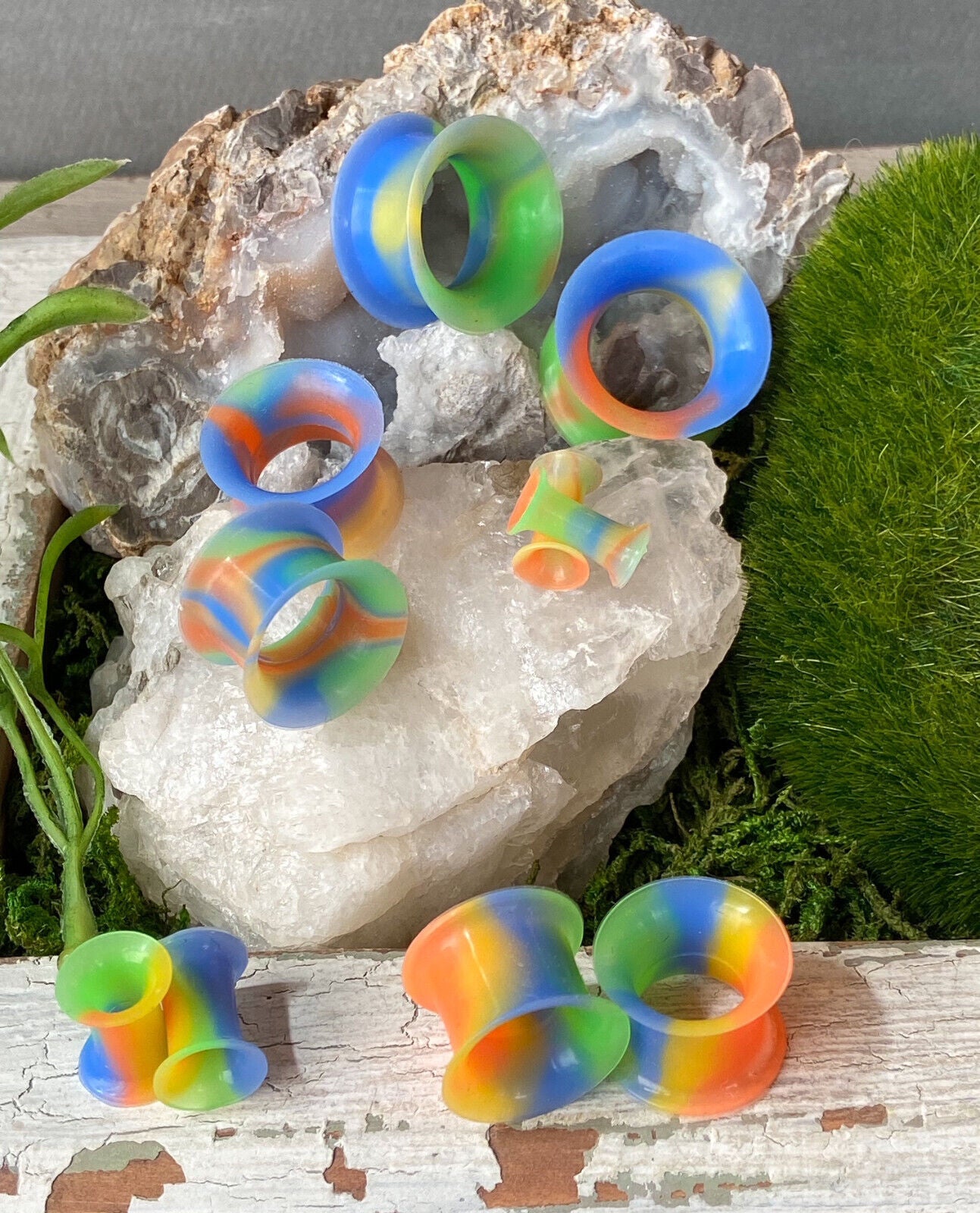 PAIR Rainbow Soft Silicone Tunnels Plugs Earlets Gauges Pierced Body Jewelry