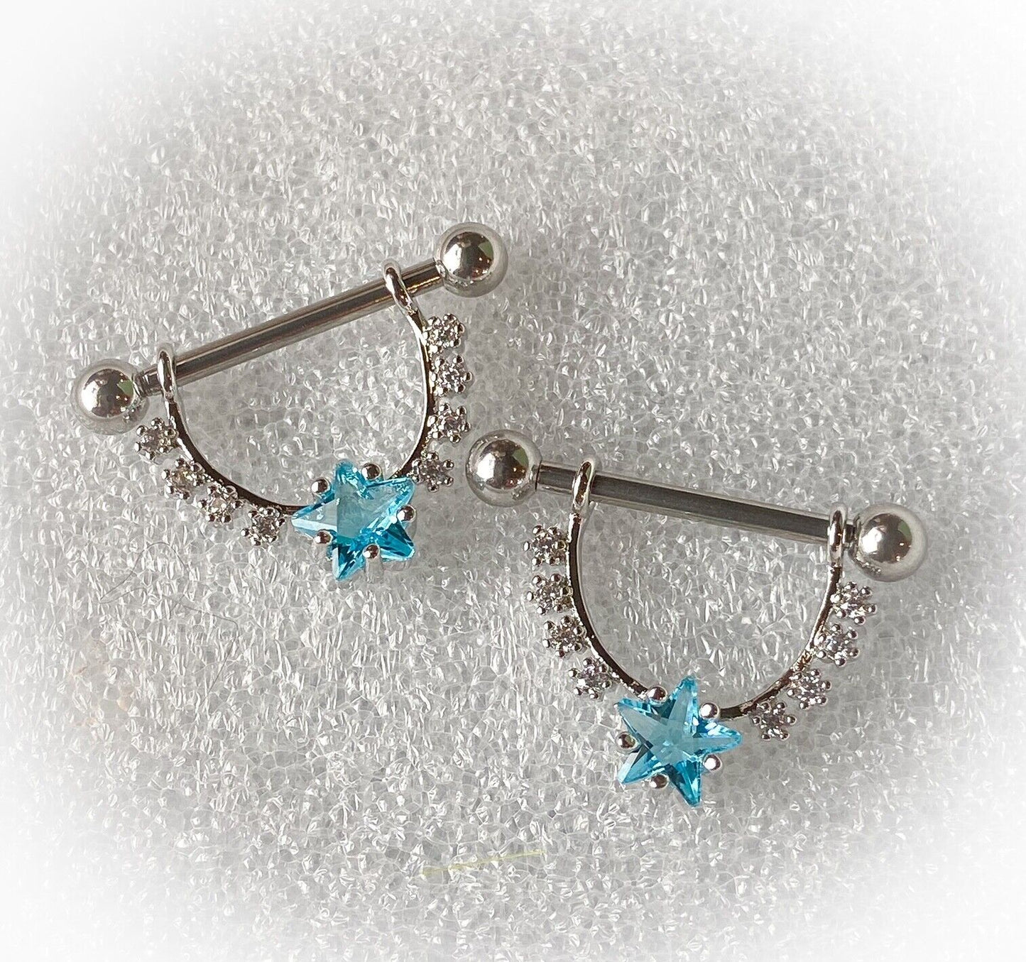 PAIR CZ Gem Star Center Dangle Nipple Ring Shields Pierced Body Piercing Jewelry