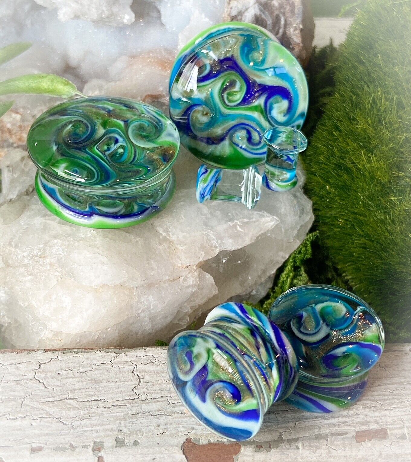 PAIR Green & Blue Swirl Design Pyrex Glass Plugs Gauge Body Ear Piercing Jewelry