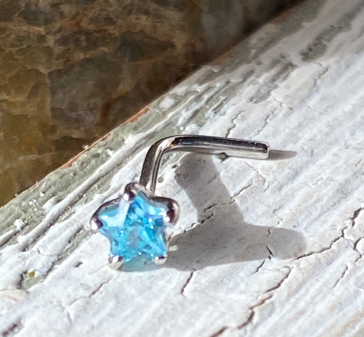 1pc 14kt Yellow or White Gold 20g L-Bend Nose Ring w/Star CZ Gem Stud Screw