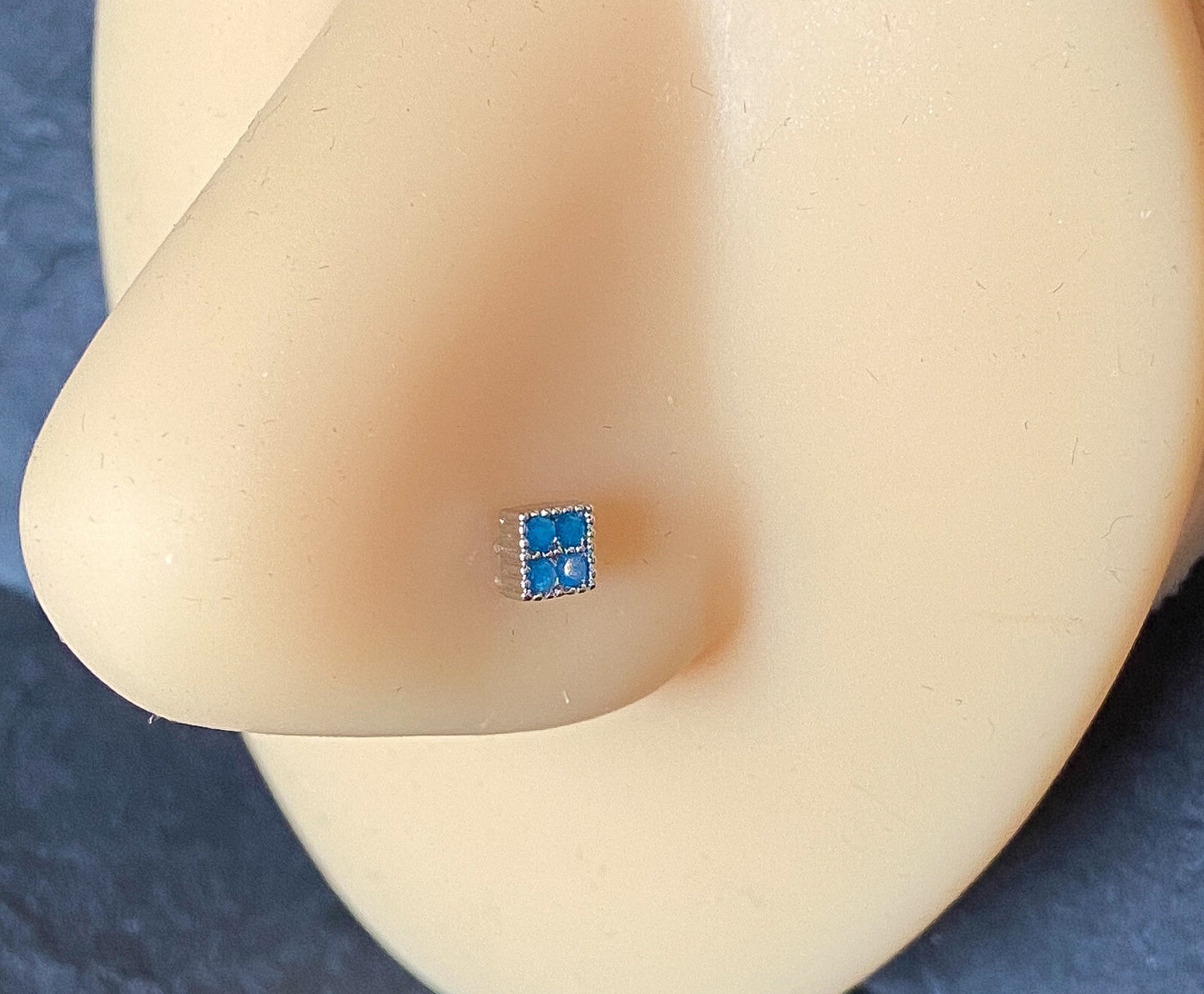 Blue Turquoise Crystals Square Top 20g Surgical Steel Nose Stud Bone Ring