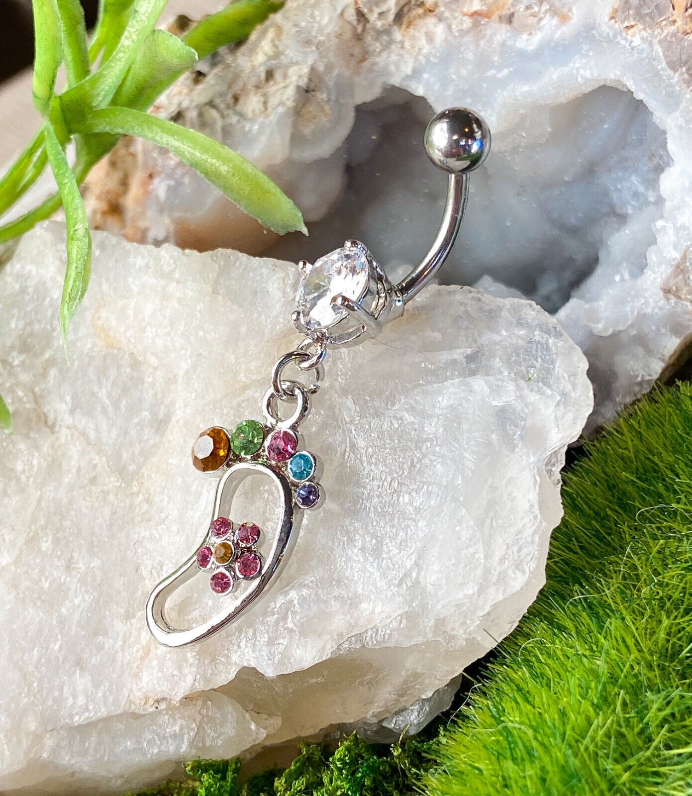 Foot with Flower Dangle Multicolor Gem Belly Ring Navel Piercing Naval Jewelry