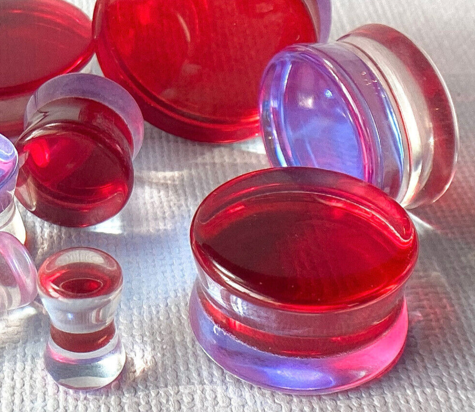 PAIR Red Iridescent Glass Double Flare Plugs Gauges Tunnels Body Jewelry
