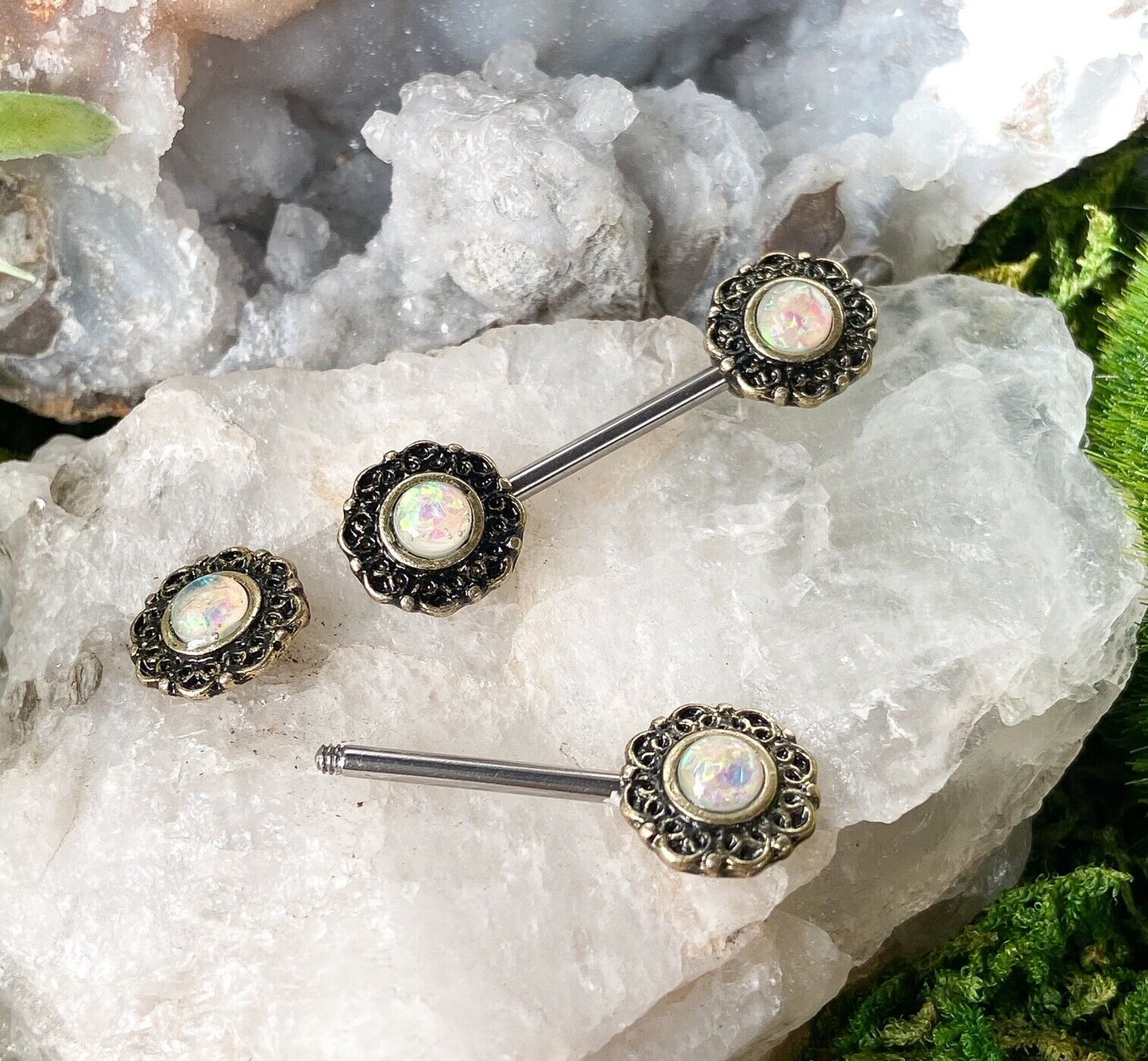 PAIR Opal Glitter Center Tribal Hearts Nipple Rings Shield Barbells 14g 14 gauge - Only Pink Left