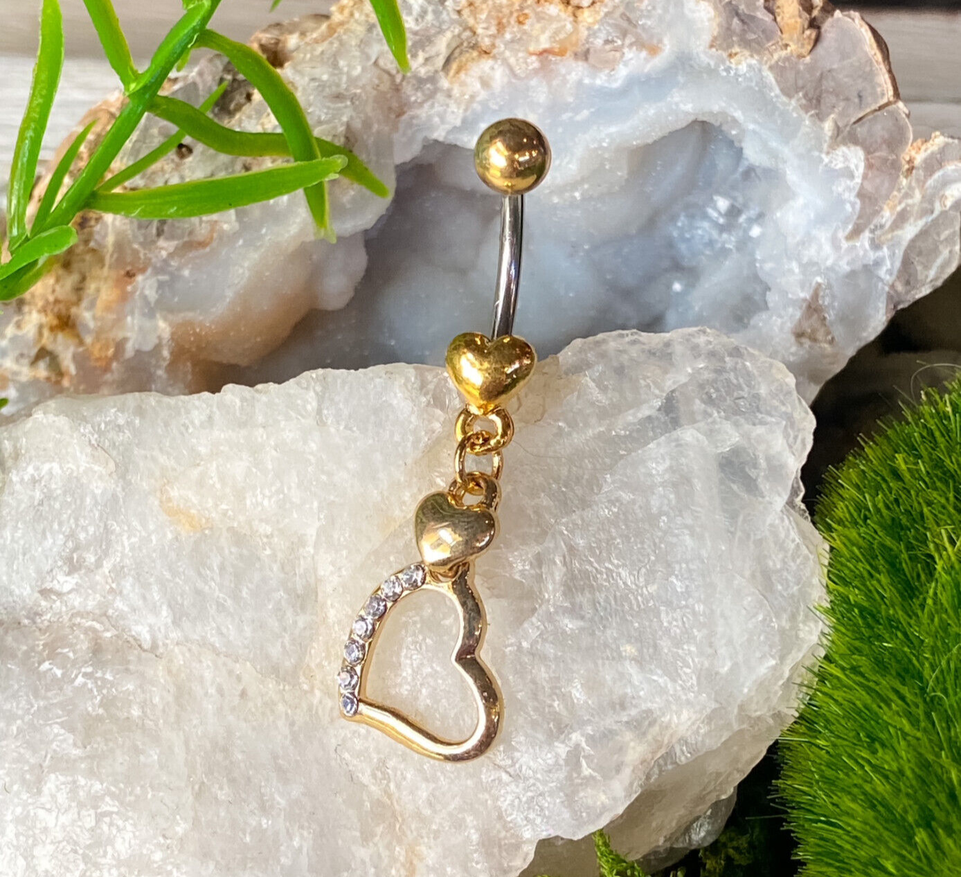 Gold Hollow Heart Dangle CZ Gem Belly Ring Navel Piercing Pierced Naval Jewelry