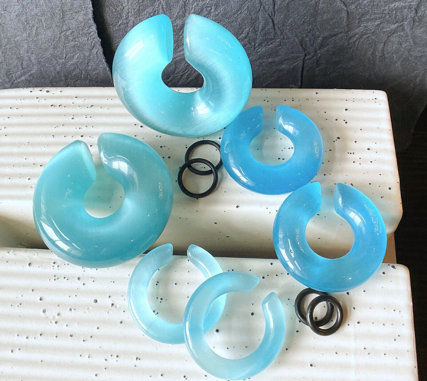 PAIR Light Blue Cat Eye Stone Hoop Taper Hanger Ear Weight Plug Gauge Tunnel