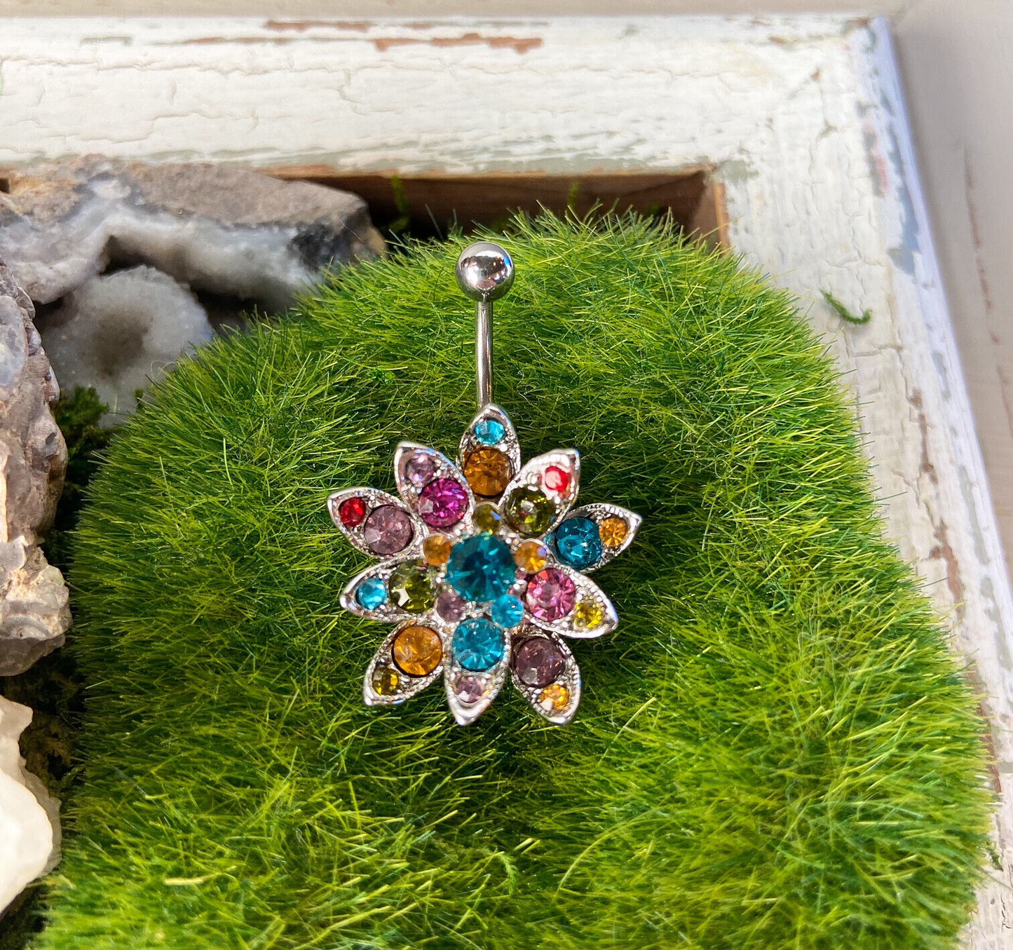 Hinged Multi-color Gem Flower Belly Ring Navel Naval Piercing Body Jewelry