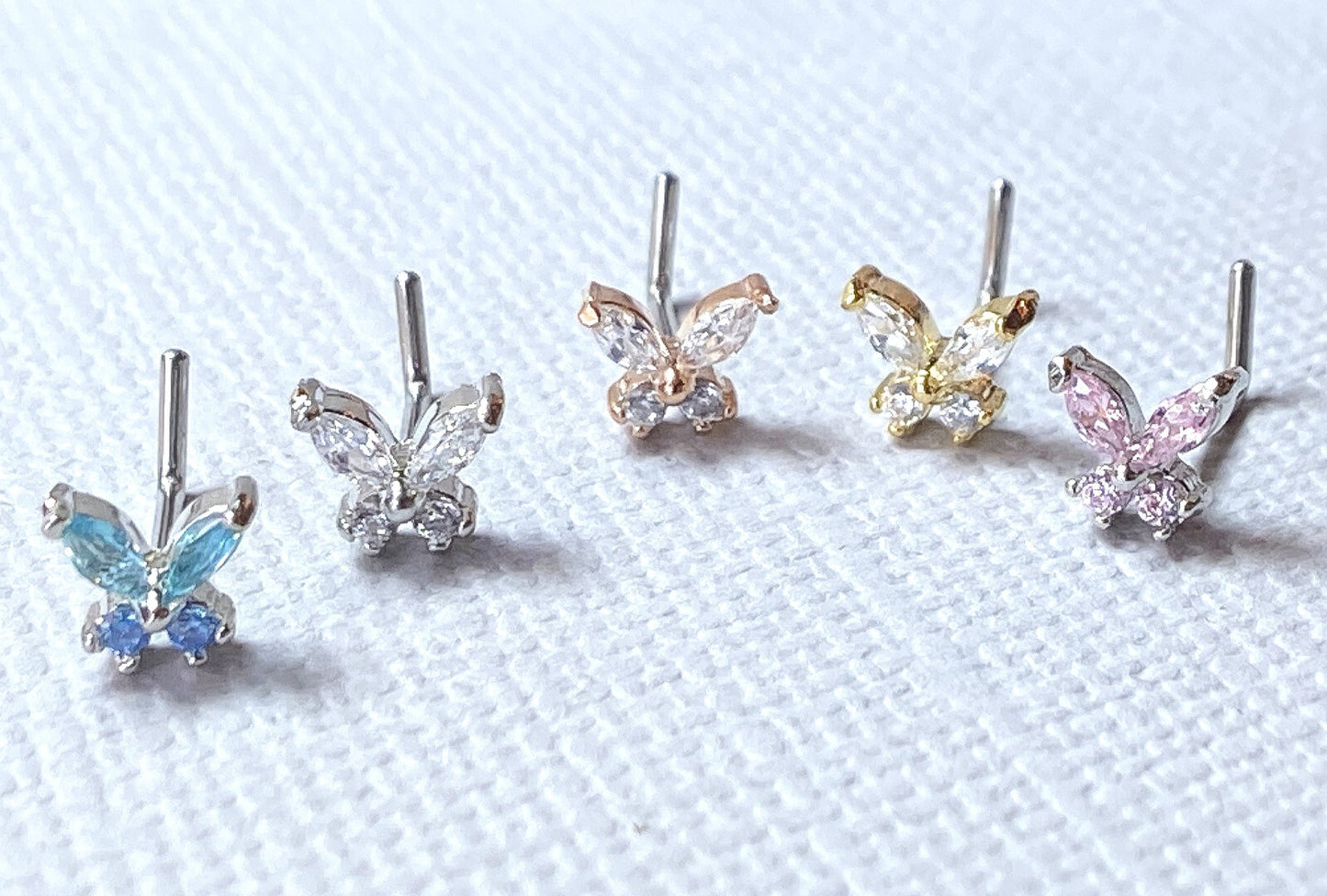 1pc CZ Gem Butterfly L-Bend 20g Nose Ring Stud Screw 316L Surgical Steel
