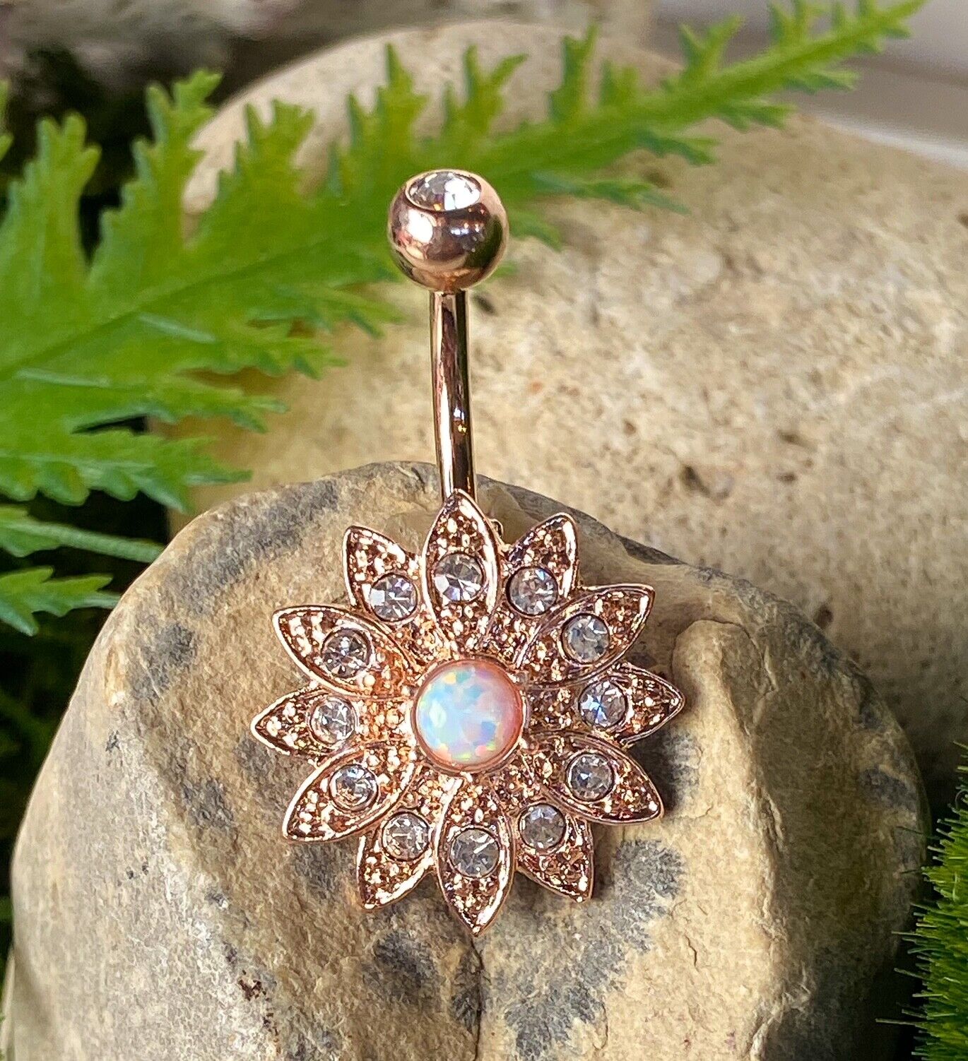 Paved Gems Flower Opal Belly Button Ring Pierced Navel IP 14kt Gold, Rose Gold