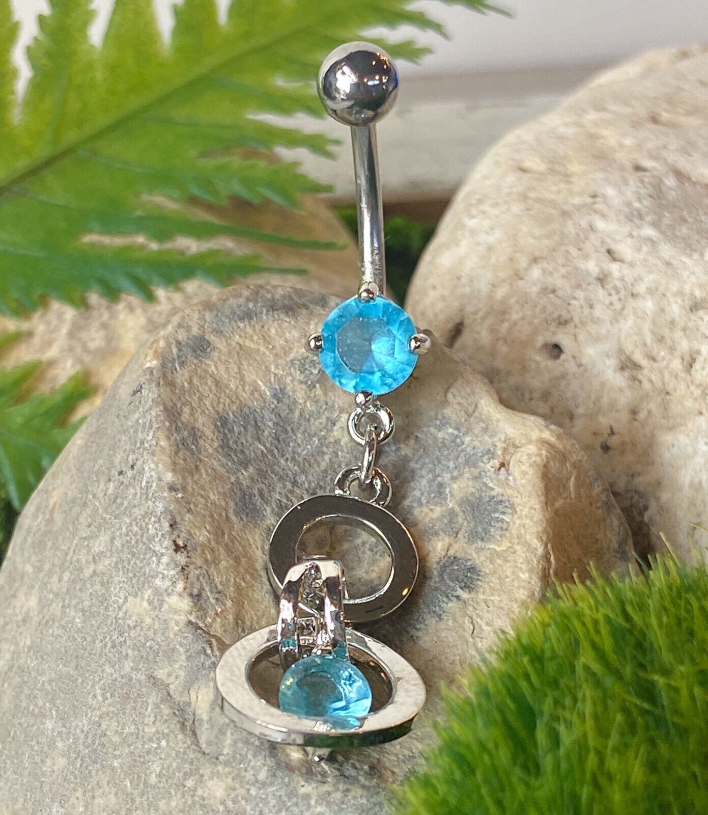 Double Circle CZ Gem Dangle Belly Ring Navel Naval Clear, Pink, Aqua