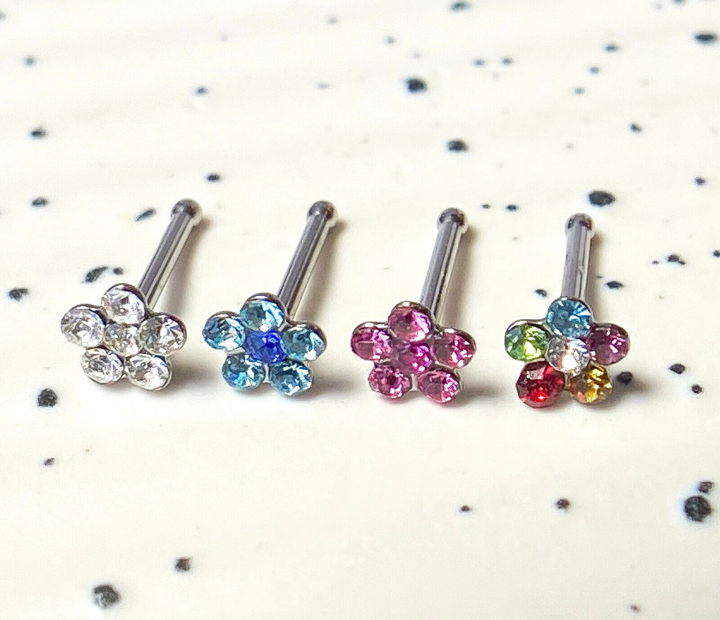 4pc Value Pack Gem Flower 20g Surgical Steel Nose Studs Bones Rings