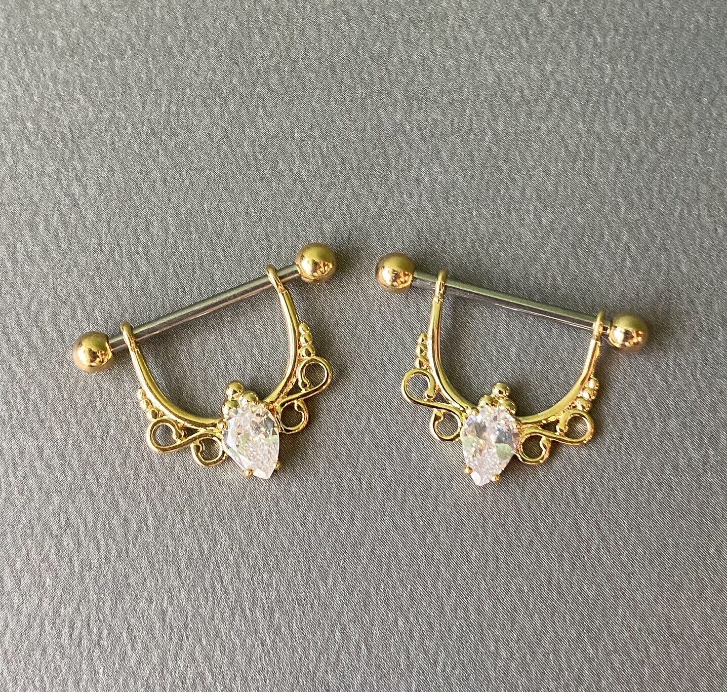 PAIR Pear Gem Filigree Dangle Nipple Rings Shields Pierced Body Piercing Jewelry
