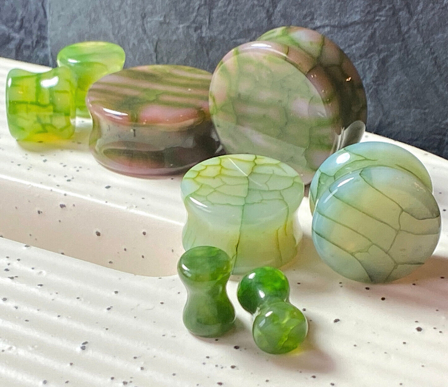 PAIR Green Dragons Vein Agate Stone Double Flare Plugs Organic Earlets Gauges