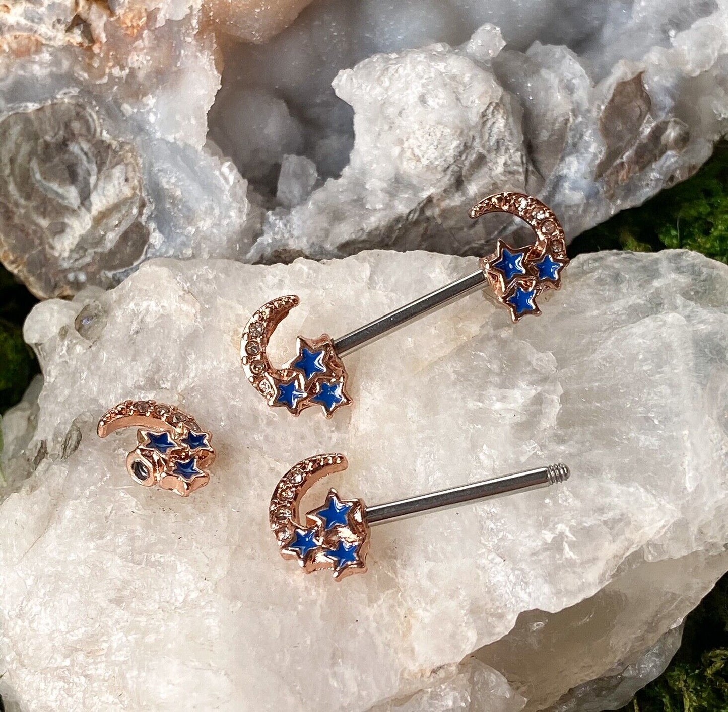 PAIR CZ Crescent Moon w/ Blue Stars Nipple Rings Shield Barbells 14g 14 gauge