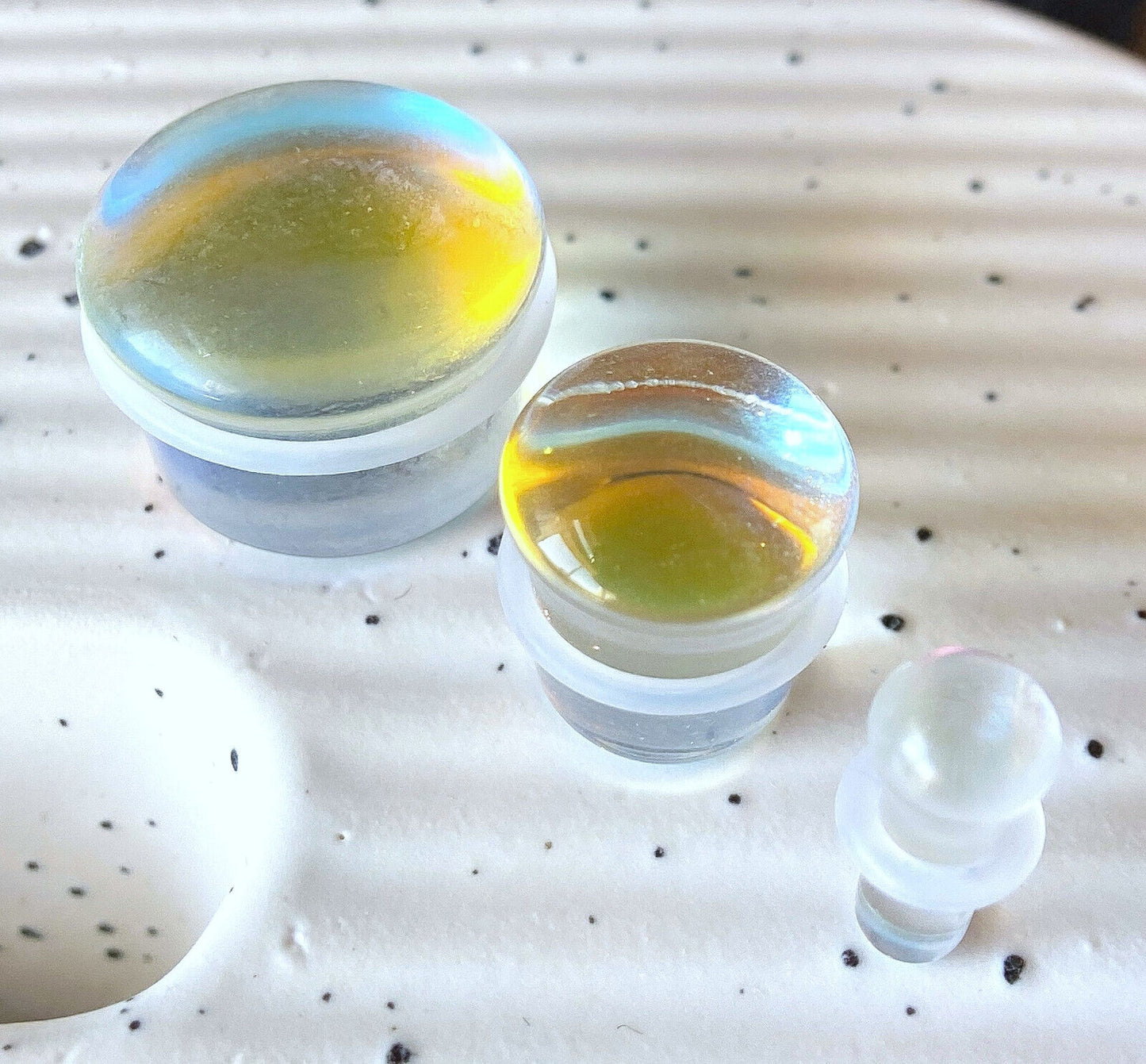 PAIR Luminous Moonstone Glass Single Flare Stone Plugs Gauges Earlets Tunnels Body Jewelry