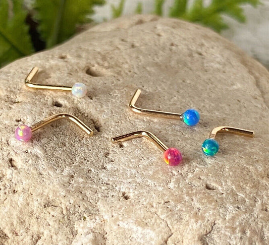 1pc 14kt Yellow Gold 20g Opal Ball L-Bend Nose Ring Nostril Piercing Stud Screw