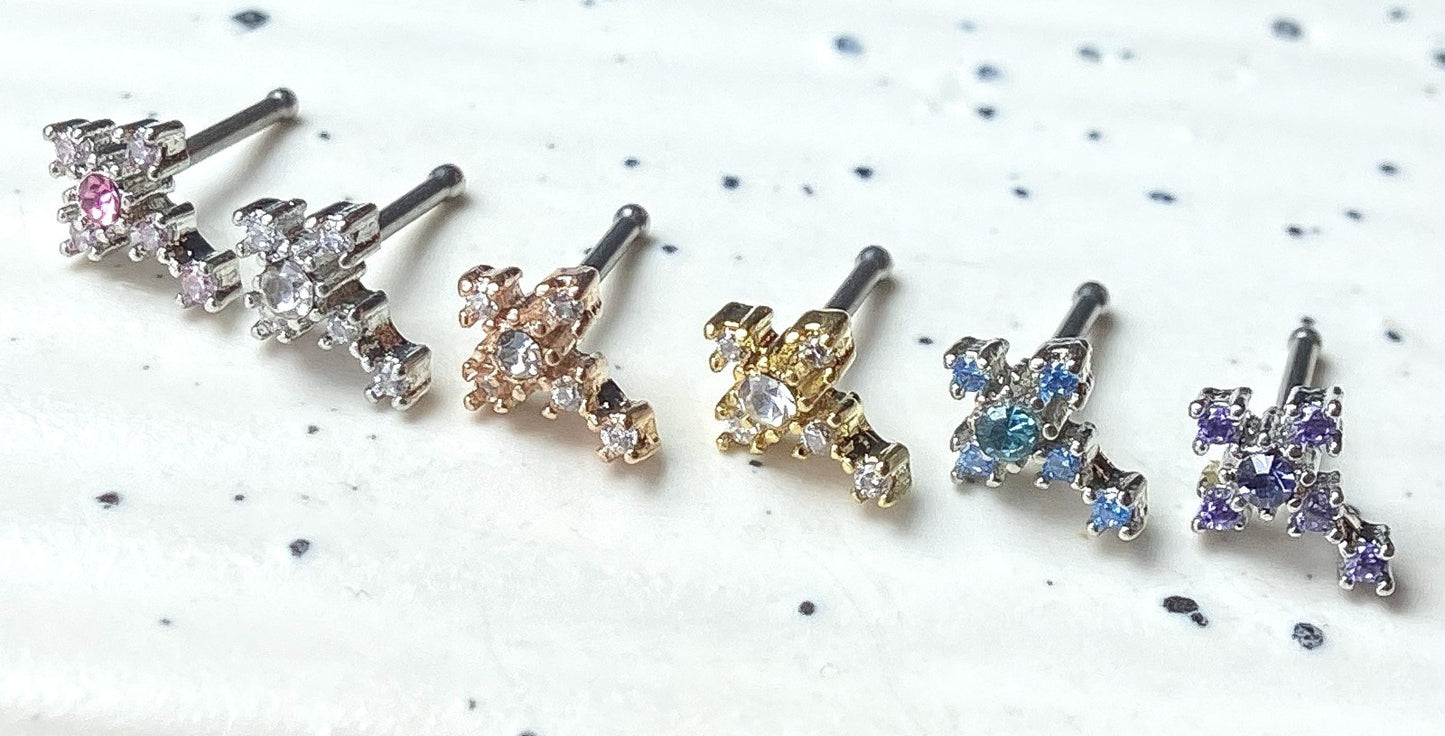 1pc CZ Gem Cross 20g Nose Ring Stud Bone 316L Surgical Steel