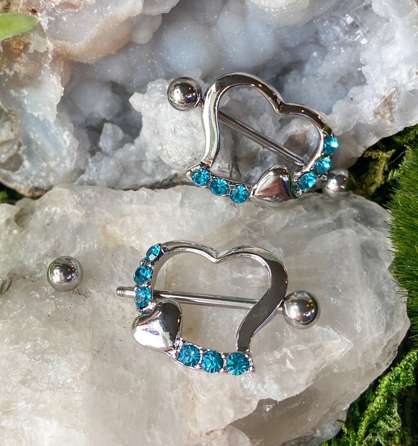 PAIR Gem Heart Nipple Shields Rings Barbells 14g Pierced Body Piercing Jewelry