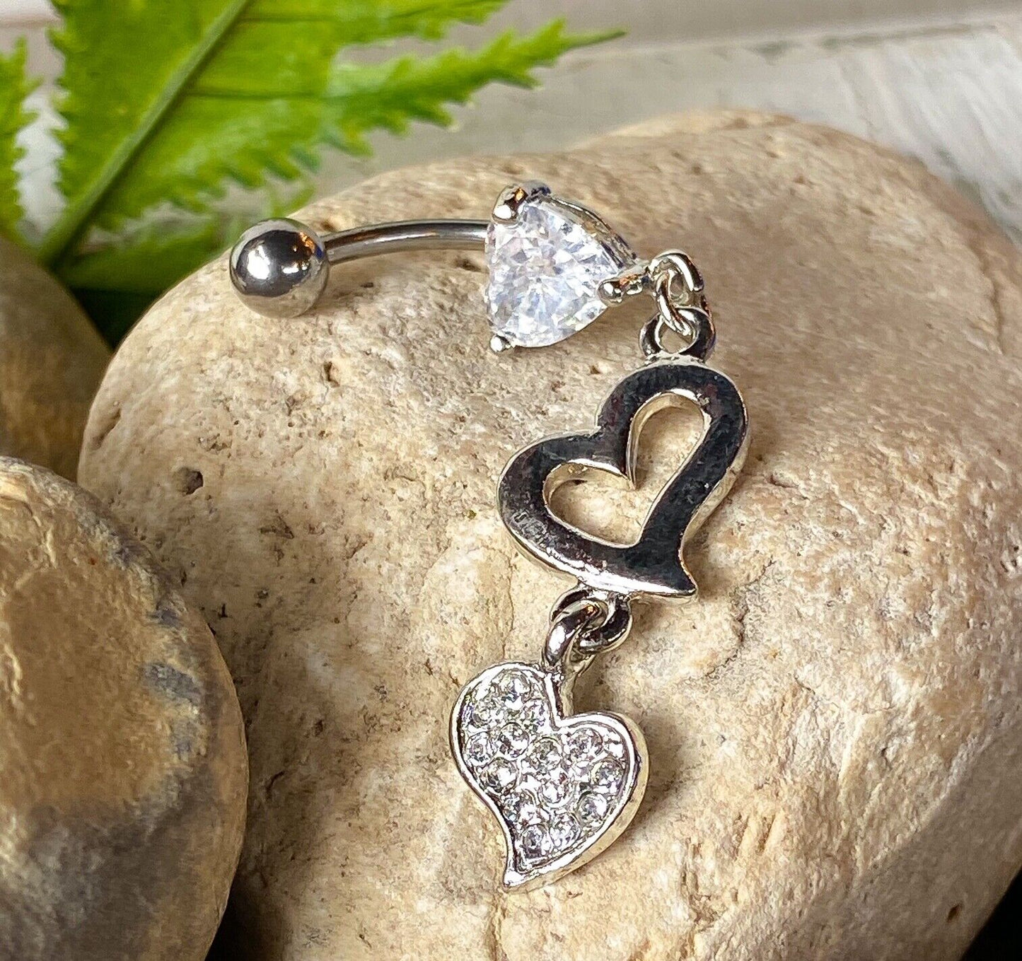 Heart Dangle Paved CZ Gem Belly Ring Navel Piercing Pierced Naval