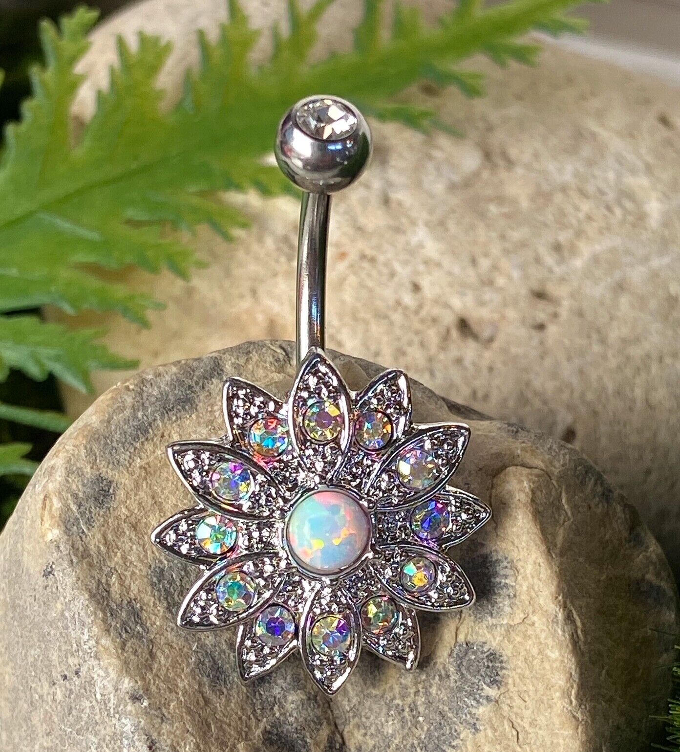 Paved Gems Flower Opal Belly Button Ring Pierced Navel IP 14kt Gold, Rose Gold