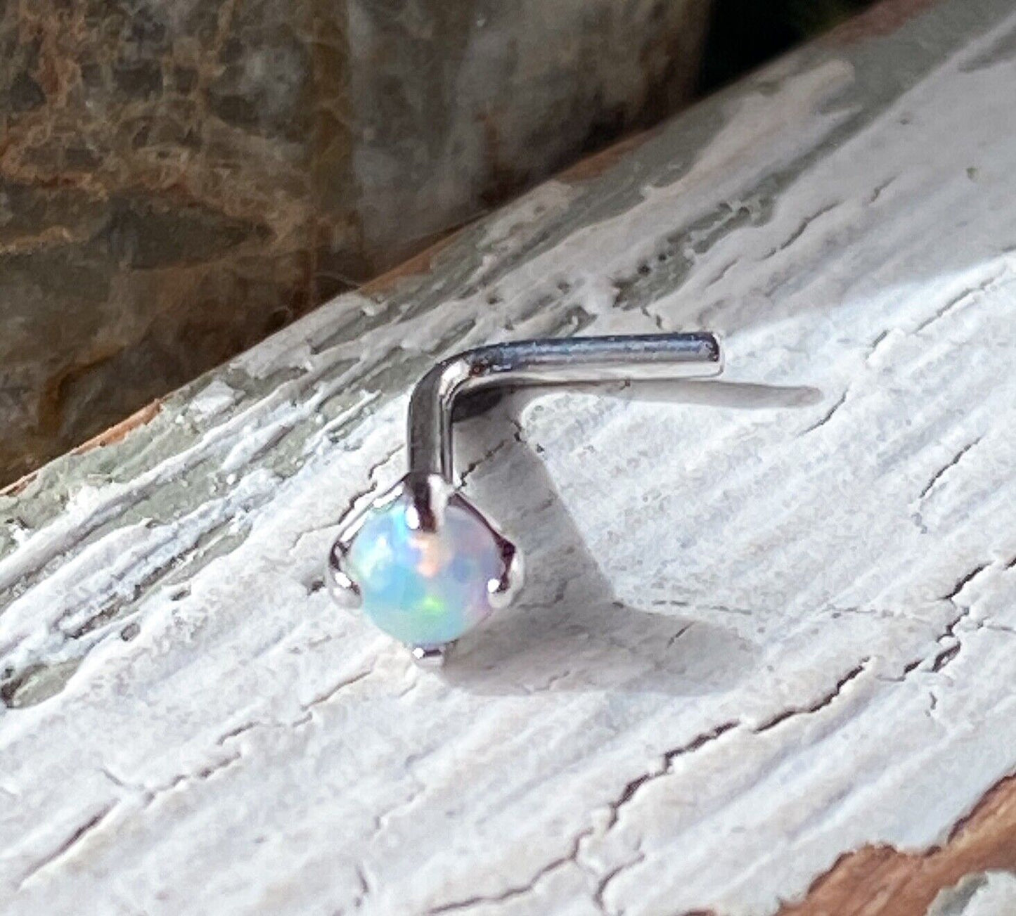 1pc 14kt Yellow or White Gold Opal L-Bend Nose Ring 20g Nostril Body Jewelry
