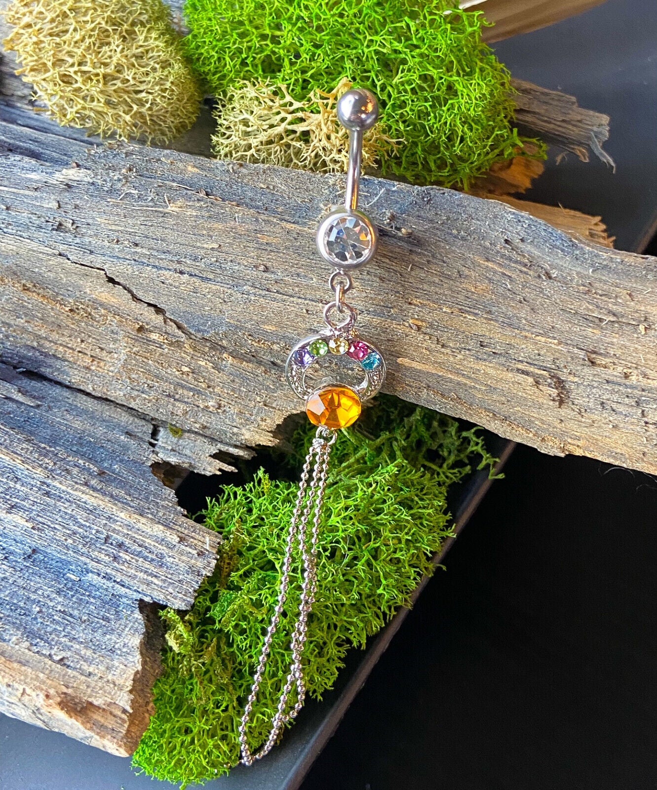 Half Moon Chain Dangle CZ Gem Belly Ring Navel Piercing Pierced Naval Jewelry