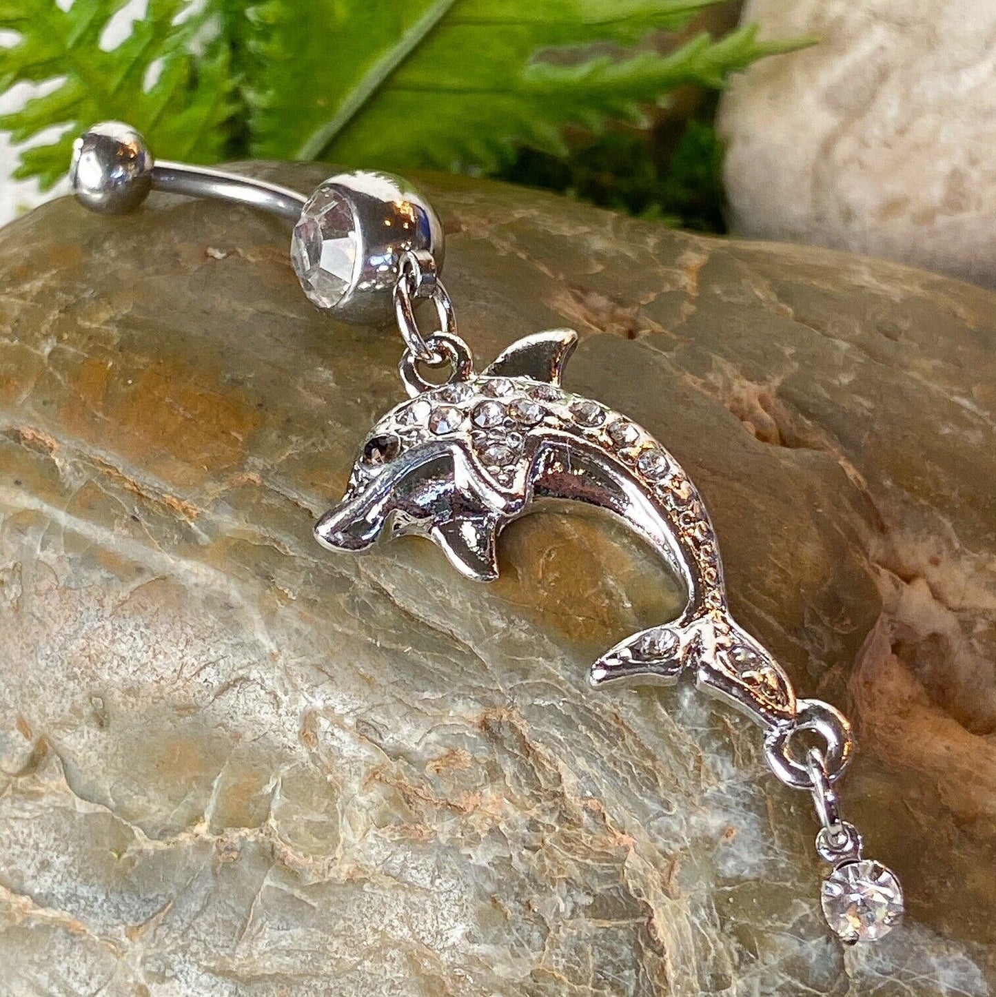Dolphin Dangle Belly Ring Paved W/ Multi CZ Gems Pierced Navel Naval 14g